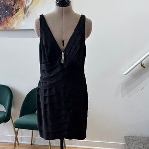 Black V-Neck Layered Cocktail Dress with Rhinestone Accent